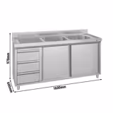 Szafka zlewozmywakowa ECO – 1600 x 600 mm – z 3 szufladami i 2 zlewami po prawej stronie