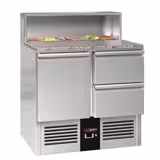 Mesa saladette refrigerada PREMIUM - 903mm - 240L - 1 puerta maciza & 2 cajones - con tapa de acero inoxidable para 5x GN 1/6 - encimera de granito negro - Para ES