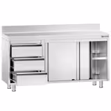 Rozsdamentes acél munkaszekrény PREMIUM - 1400x700 mm - tolóajtós, 3 fiókos – bal oldali fiókblokk, 2 ajtós – hátsó felhajtással