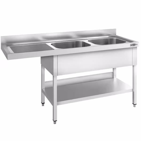 Πάγκος πλυντηρίου πιάτων - 1800x700 mm - με 2 γούρνες δεξιά - ανοιχτός - με ράφι - με πλάτη