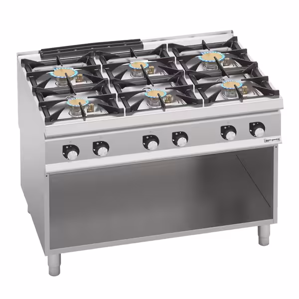 Gas Boiling Top - 44kW - 6 burners - with open base shelf - Heavy Duty