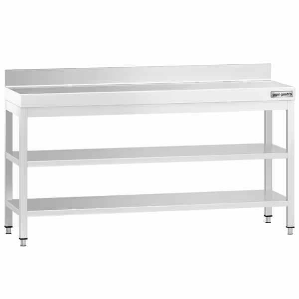 Nerezový pracovní stůl PREMIUM - 2000x800 mm - se spodní policí & se zadním lemem & s mezipolicí & s vyztuženou pracovní deskou