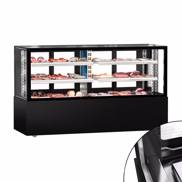 (MUSTER) Mostrador para carne - 2000mm - con iluminación LED y 2 estantes