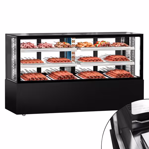 Vetrina espositiva refrigerata MADRID - per esposizione carne - 735l - 2000mm - Doppio vetro - con 2 ripiani - porte posteriori scorrevoli; LED interni; 4 lati vetro - Nero opaco