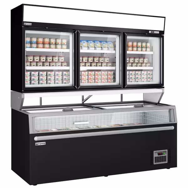 Supermercato-Espositore murale congelatore - 2104mm - -22°/-18°C - con 3 porte a battente in vetrocamera & 6 ripiani - incl. isola surgelati - Nero