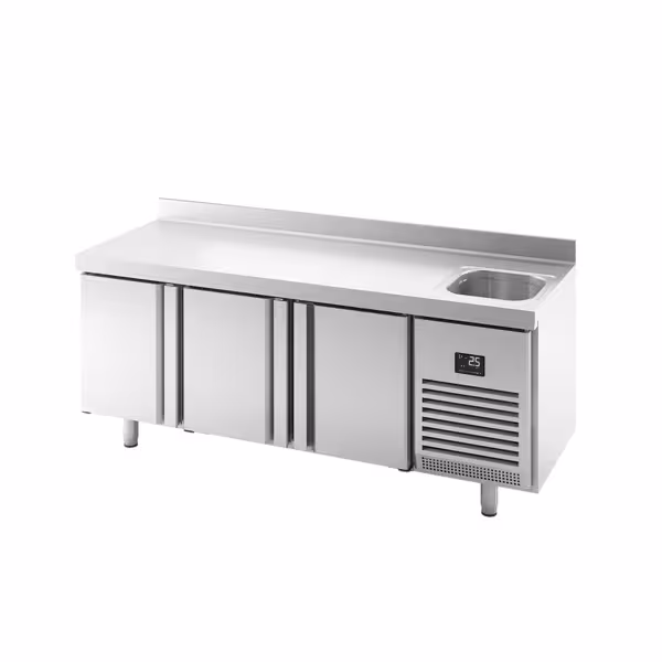 Soğutmalı tezgah PREMIUM PLUS - 1960x700mm - 3 kapılı; 1 evyeli - arka yükseltmeli - dijital termostat