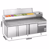 Table réfrigérée à pizza Premium PLUS - 2305 x 800 mm - avec 3 portes & 1 tiroir - incl. vitrine réfrigérée de présentation - 10x GN 1/3