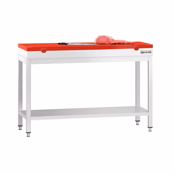 Mesa de trabajo de acero inoxidable | central PREMIUM - 1200x700mm - con estante inferior y refuerzo omega - con tabla de corte roja