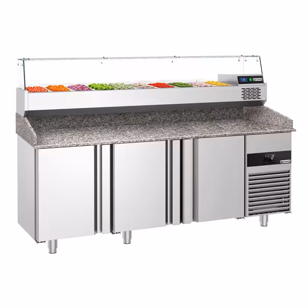 Table réfrigérée à pizza PREMIUM - 2100x800 mm - avec 3 portes - incl. vitrine réfrigérée - 10x GN 1/3