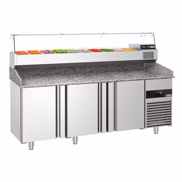Pizzawerkbank PREMIUM - 2100x800mm - met granieten werkblad - met 3 deuren - incl. glasvitrine - 10x GN 1/3