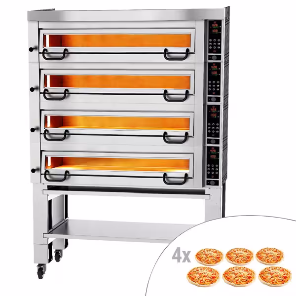 Elektrische pizzaoven (chamotte bakvloer) - 1480x923x1600mm - 4 kamers - 4x6 pizza’s Ø34cm - tot 450°C - Touch - incl. rvs afzuigkap & onderstel