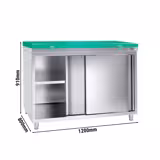 Tavolo armadiato in acciaio inox PREMIUM - 1200x800 mm - con anta scorrevole senza alzatina, incl. tagliere	