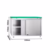 Mesa armario inox PREMIUM - 1200x800mm - con estante intermedio & con puertas correderas - incl. Tabla de corte Verde
