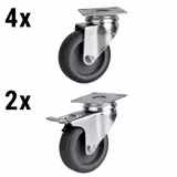 Rodas com placa de fixação para balcão refrigerado/congelador - conjunto de 6 (2 com travão, 4 sem travão) - Placa 85x140mm; altura total 130mm; roda Ø100x32mm - compatível com BGKF, GTF, KTF, KTGFF, KUF & ZTSF