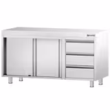 Rozsdamentes acél munkaszekrény PREMIUM - 1400x700 mm - tolóajtós, 3 fiókos – jobb oldali fiókblokk, 2 ajtós