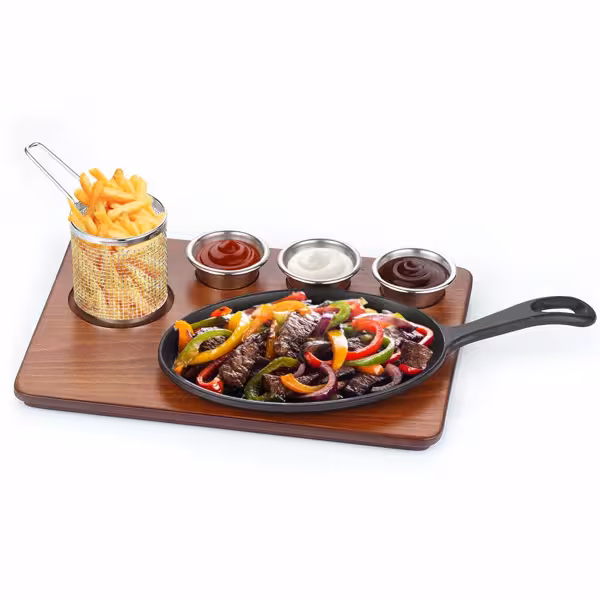 Serveerset - Fajita - 6-delig set - incl. 3 kommetjes en frittierkorf - gietijzer pan | RVS AISI 304 kommetjes en frittierkorf | MDF serveerplaat met houtlook - 350x260mm - anti-aanbak