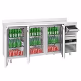 Mesa refrigerada para bar - 2,13 m - con 3 puertas de vidrio, zócalo y aldabas para café