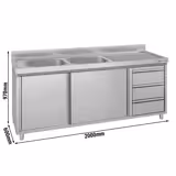 Mosogatóegység - 2000x600mm - 3 fiókkal és 2 mosdókagylóval balra