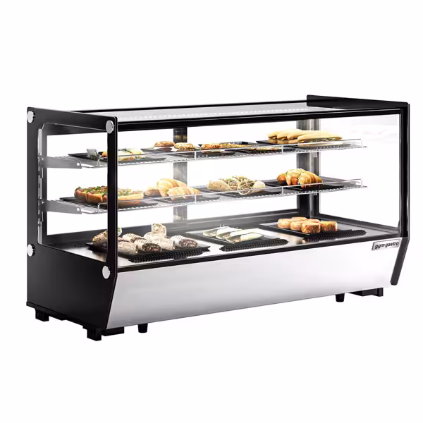 Vetrina refrigerata da banco - 200l - 1219mm - Doppio vetro; 2 porte scorrevoli in vetro - vetro dritto - con 2 ripiani - LED interni; 4 lati vetro