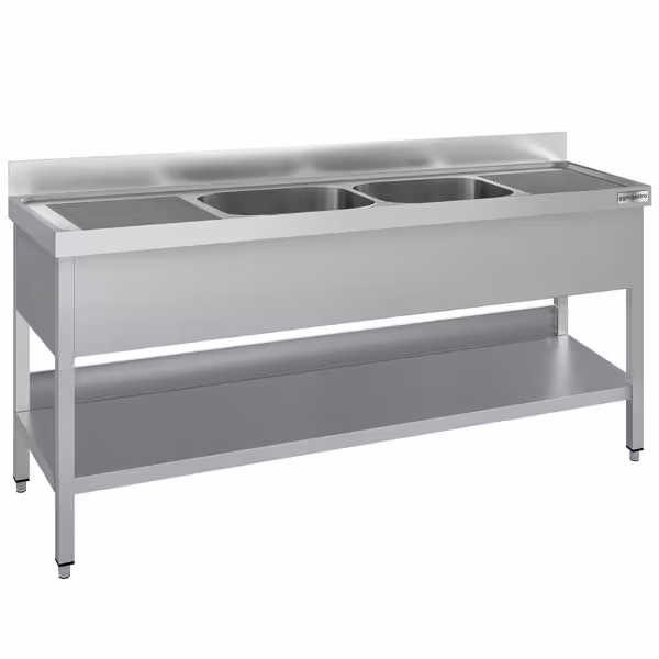 Diskbänk i rostfritt stål ECO - 1800x600 mm - med underhylla - 2 hoar - med stänkskydd