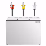 (1 uds) Dispensador de salsas - 3x 2.5 litros - plástico y acero inoxidable - 190x268mm - pico antigoteo - dosificación regulable - con recipiente - incl. armazón de acero inox | dispensador | dispensador de salsa