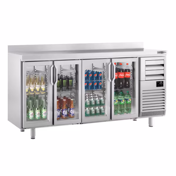 ثلاجة مشروبات PREMIUM PLUS - 2452x600mm - 690 لتر - مع 4 أبواب زجاجية مفصلية، زجاج مزدوج، 2 أدراج GN 1/2 & حاجز خلفي