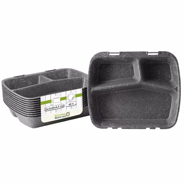 (60 sztuk) Pojemnik na posiłki wielokrotnego użytku z 3 przegrodami – 24,5 x 20 x 4,5 cm – HP4/3  