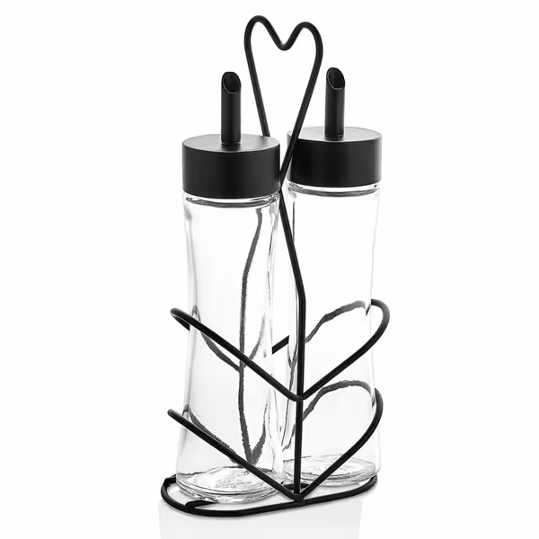 Cruet Set - 2-piece - Stainless steel stand - Glass - oil & vinegar - Height: 250mm - with removable lids