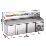 Pizzakylbänk PREMIUM PLUS - 2305x800 mm - granitskiva - med 3 dörrar & 1 låda - inkl. kylränna med glasöverbyggnad - 11x GN 1/4