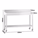 Edelstahl Arbeitstisch PREMIUM - 1200x600mm - mit Grundboden, Aufkantung & Rollen