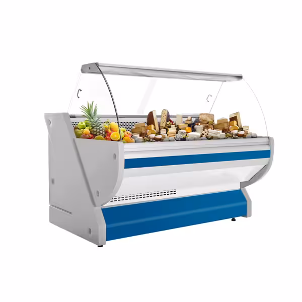 Banco gastronomia professionale / Banco Macelleria  - 2025x1150mm - Statica - 400 L - Vetro curvo - Colore Blu - piano di lavoro in granito