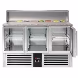 Commercial Saladette Counter PREMIUM - 1368mm - 402L - Black Front - 3 glass doors - open top for 7 x GN 1/6 - black granite worktop