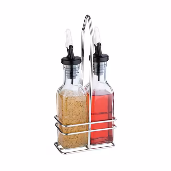 (6 pcs) Ménagère huile/vinaigre professionnelle - 2 pièces - 120ml - Support en acier inoxydable - Verre - avec couvercle et bec verseur freeflow anti-goutte