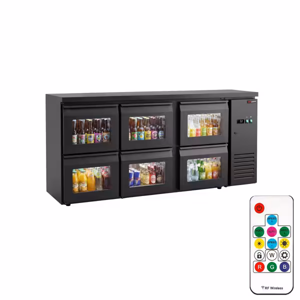 Bar- & Getränkekühltisch Premium - 2000mm - mit 6 Glasschubladen & RGB-LED Licht