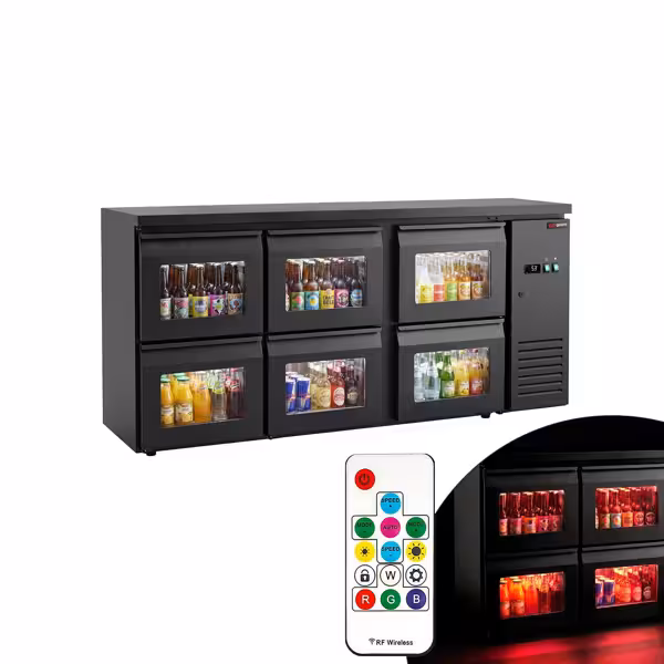 Bar- & Getränkekühltisch Premium - 2000mm - mit 6 Glasschubladen & RGB-LED Licht