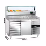 Pizzawerkbank PREMIUM - 1500x800mm - met granieten werkblad - met 1 deur & 7 laden - incl. glasvitrine LED - 7x GN 1/4