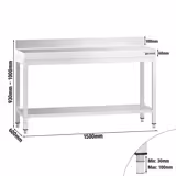 Paslanmaz Çelik Çalışma Tezgahı PREMIUM - 1500x600mm - Taban Raflı - Sırtlı