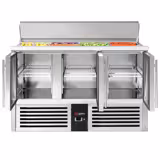 Commercial Saladette Counter PREMIUM - 1368mm - 368L - 3 glass doors - open top for 4 x GN 1/1 & stainless steel retractable lid