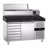 Ψυγείο πίτσας με πάγκο γρανίτη PREMIUM - 1500x800 mm - με 1 πόρτα & 7 συρτάρια - με επικαθήμενη βιτρίνα σαλατών - 6x GN 1/3