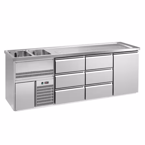Comptoir de bar réfrigéré Premium PLUS - 2500x700mm - avec 1 porte et 6 tiroirs