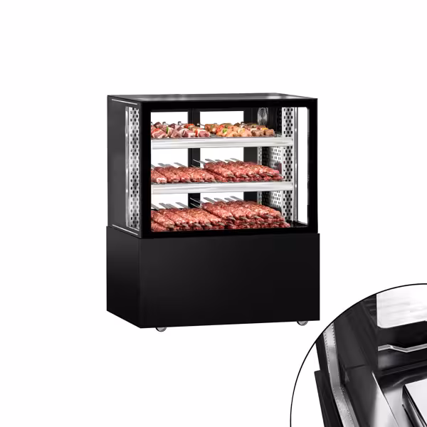Vetrina espositiva refrigerata MADRID - per esposizione carne - 435l - 1000mm - Doppio vetro - con 2 ripiani - porte posteriori scorrevoli; LED interni; 4 lati vetro - Nero opaco