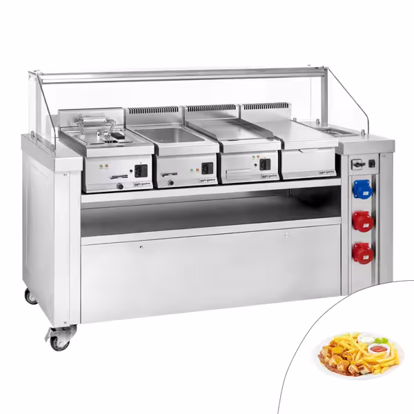 (5‑Piece Set) Commercial Mobile Electric Cooking Station with Extraction - Griddle + 10 L Fryer + Neutral Module + Bain Marie - 1600x850 mm