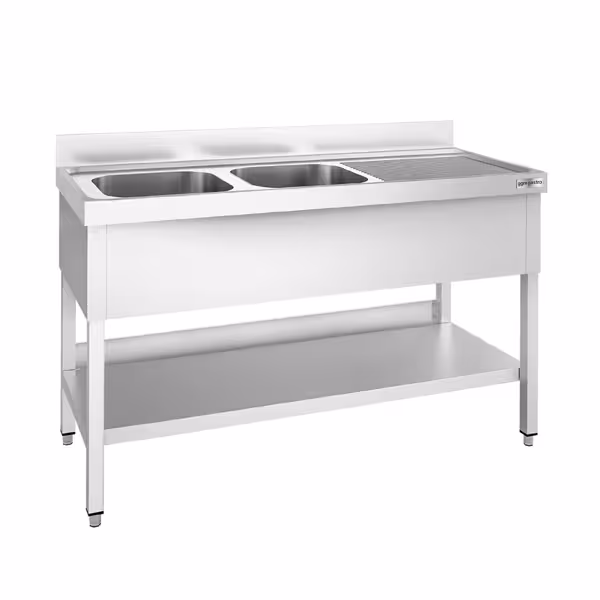 Diskbänk i rostfritt stål PREMIUM - 1400x600 mm - med underhylla - 2 hoar vänster - med stänkskydd - med avrinningsyta