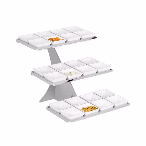 Etagere / Buffet Stand - Stainless steel frame - Chrome - square - Height: 420mm - incl. 24 Melamine bowls 100x100mm - with 3 shelves