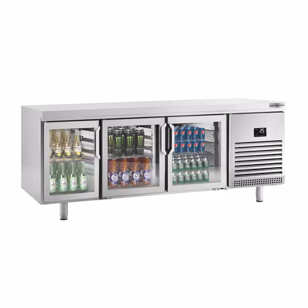 Mesa frigorífica para bar e bebidas PREMIUM PLUS - EN 600x400 - 2185x800mm - 610 L - com 6 portas de batente em vidro