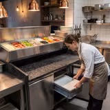 Chladicí stůl na pizzu PREMIUM - 1500x800 mm - se 2 dveřmi - se žulovou pracovní deskou - vč. chladicí nástavbové vitríny - 7x GN 1/4