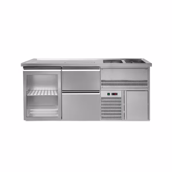 Bira tezgahı PREMIUM PLUS - 1950x700mm - 2 Lavabo Sağ & 1 Cam Kapı & 2 Çekmece