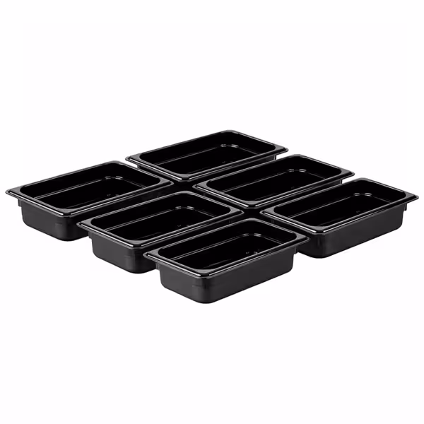 (6 bucăți) Recipient din policarbonat GN 1/4 – Negru – Înălțime: 65 mm