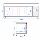 Koelwerkbank ECO - 2230x700mm - met 3 deuren - 2 lades - opstand