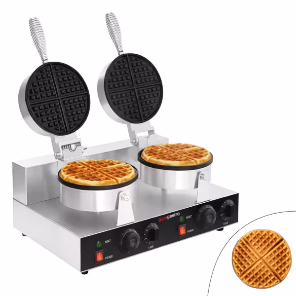 Ipari gofrisütő - Dupla - Mechanikus termosztátos - 2,60 kW - Forma: kör alakú - Ø 180 mm - Teflonbevonatú sütőlapok